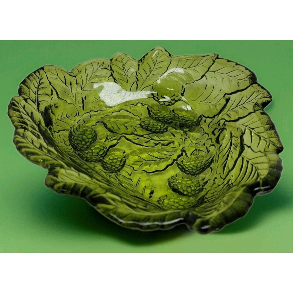 Vintage Indiana Glass Bowl Loganberry Olive Green Texture Berries Leaves Dish 7”